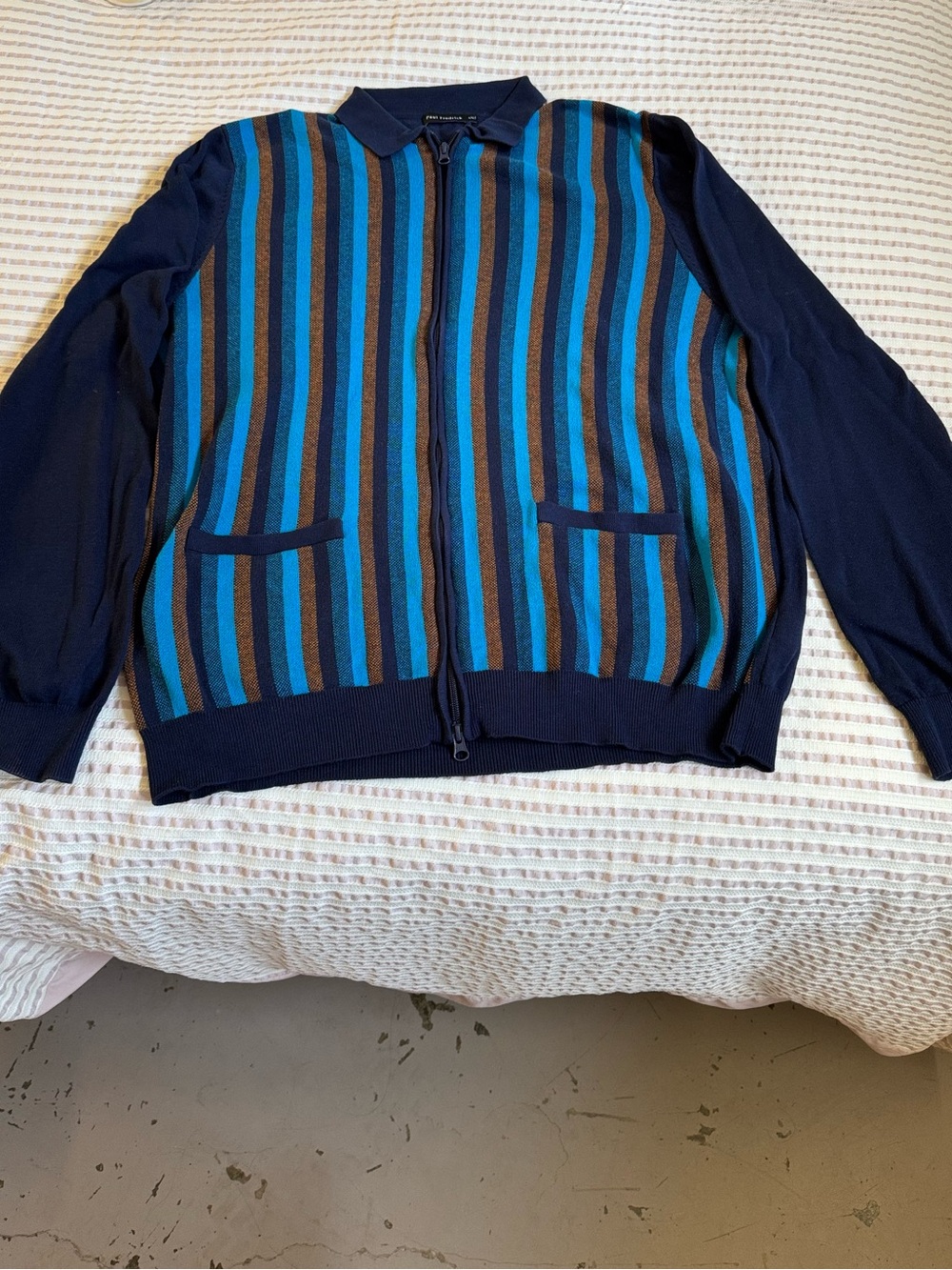 Paul Fredrick Navy Zip Sweater with Teal & Brown Stripes